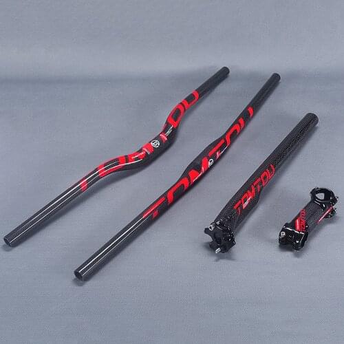 TOMTOU 3k Carbon Fibre Cycling Mountain Bike Flat/Rise Handlebar + Aerodynamics Seatpost + Stem MTB Bicycle Parts Red - TS9T48