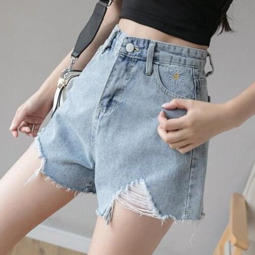 Woman Jeans Shorts Ripped Clothes High Waisted 2021 Summer Streetwear Baggy Wide Leg Vintage Fashion The New Blue Harajuku Pants