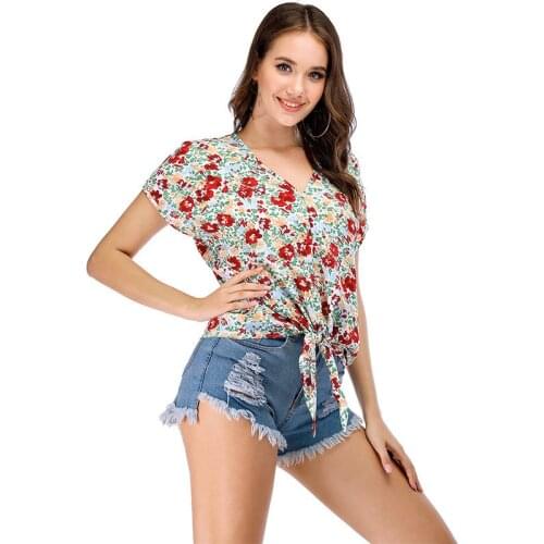 Jospoo Original Design Women Chiffon T Shirt 2020 New Summer Elegant V-neck Floral Tshirts Office Lady Short Sleeve Tops