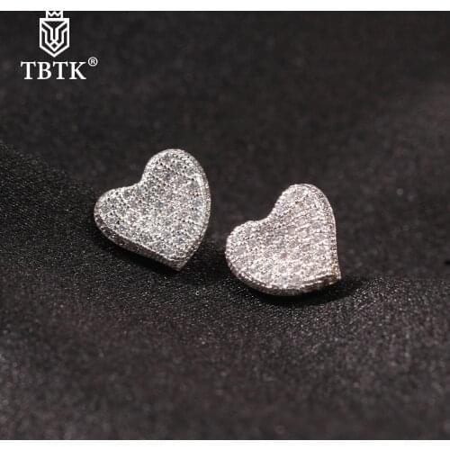 TBTK 925 Sterling Silver Earring Heart Shape Stud Earring Paved Cubic Zirconia Men Women Fashion Hiphop Jewelry