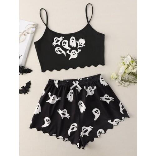 New Style Ladys Cartoon Ghost Print Camisole With Shorts Pajama Set Personality Casual Home Wear Sleepwear Underwear Suits