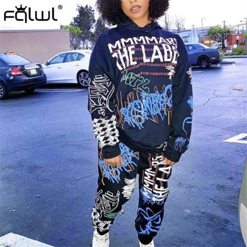 FQLWL Graffiti Streetwear Two 2 Piece Set Women Ladies Tracksuit Female Hoodies Sweart Pants Joggers Women Matching Sets Outfits