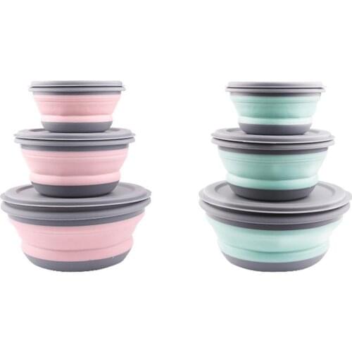 3pcs Silicone Folding Lunch Box Portable Folding Bowl Set Telescopic Collapsible Salad Bowl With Lid OutdoorTravel Tool