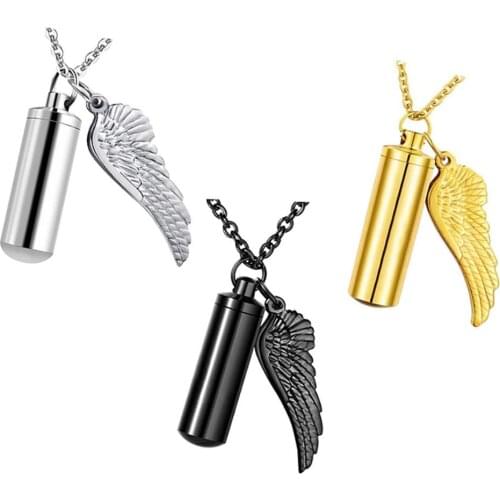 3 colors Cylinder Cremation Urn Necklace for Ashes Memorial Keepsake Pendant with Angel Wing Stainless Steel Remembrance Jewelry