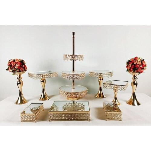 9pcs square 3-Tie gold Wood Cake/Dessert Display Riser Stands with crystal