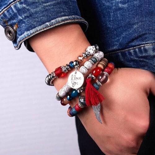 Turquoises Beaded Stone Bracelets for Women Men Multi-layers Leaf I LOVE YOU Letter Bracelets 2021 Ethinic Jewerly AM3085
