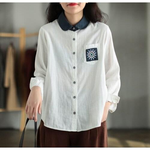 New Autumn Spring Double-Layer Cotton Blouses Tops Women Fashion Stitched Lapel Pocket Embroidery Shirt Retro Loose Blusas Mujer