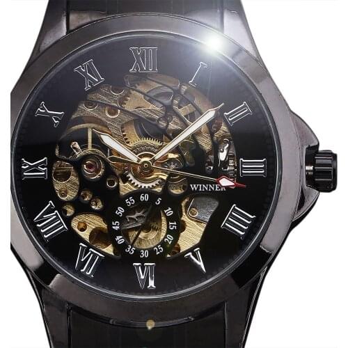 New Luxury WINNER Watch Elegant Case Carving Skeleton Automatic Mechanical Clock Men Steel Band Black Dress Mens Wrist Watches