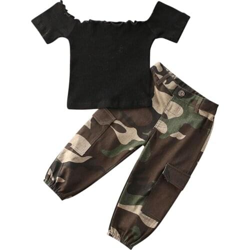 Citgeett Summer 1-6Y Kid Baby Girls Off Shoulder Sets Short Sleeve Off Shoulder T Shirts Tops+Camouflage Pants 2pcs