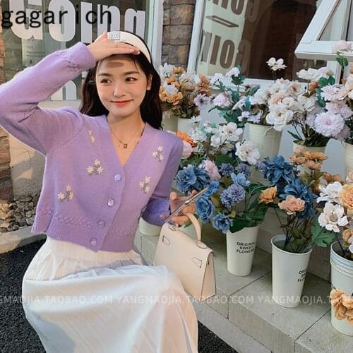Gagarich Woman Knit Cardigan 2021 New Autumn Ins Embroidered Flower V-neck Retro Single Breast Versatile Female Short Sweater