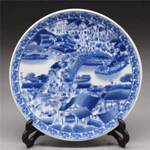 Exquisite Chinese Classical Blue and White Porcelain Hand-Painted Qingming Festival Plate with Qianlong Mark