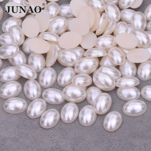 JUNAO 10x14mm Beige White Color Pearl Beads Oval Rhinestone Flatback Pearl Applique Non Sewing Beads For Crafts