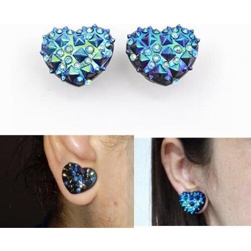 BODY PUNK 1 Pair Blue Purple cz Stud Heart Plugs Stainless Steel Ear Plug Gauges Tunnel Body Piercing Jewelry 6-16mm PLG 004