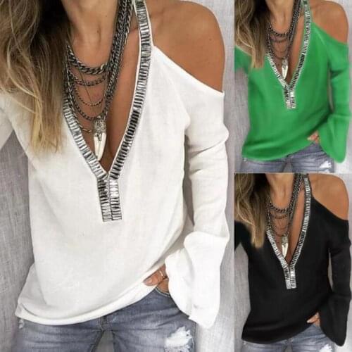 Kuelawear Solid Color V-neck Sequin Long Sleeve Women T-shirt Pagoda Sleeve Ladies Summer Top Loose T-shirt Casual Top Plus Size