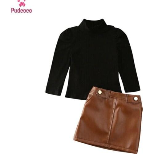 Fashion Kids 2 Pieces Suit Girls Sweater Tops+PU Leather Skirt Kids Clothes Sets Girl Clothes Set Spring
