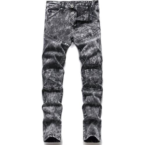 Mens New Gray Snowflake Micro-Elastic Slim Motorcycle Mens Pants Casual Fashion Trend With Straight Leg Small Waist Jeans