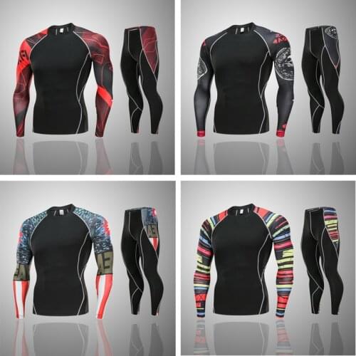 2019 Men Crossfit 3D compression fitness suit MMA fitness Running shirt Quick-drying suit T-Shirts Tights Brand ropa 2 unids/set