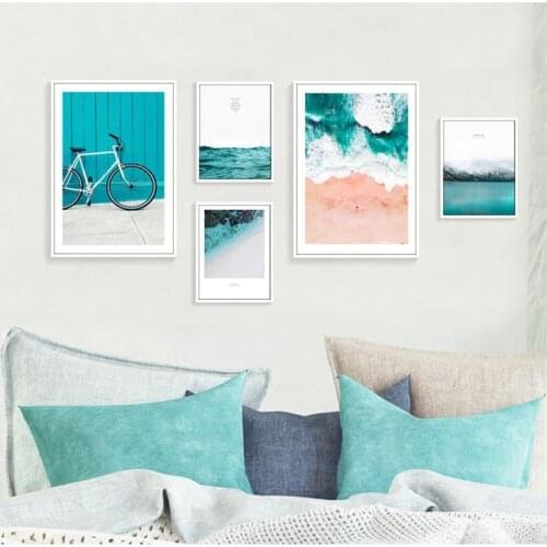 Nordic Modern Blue Style Hanging Painting Bike Blue Ocean Waves Beach Mountain Landscape Canvas Painting Home Decor Wall Art