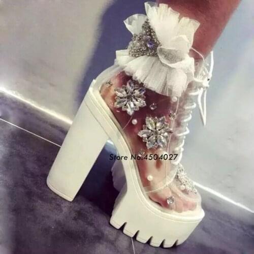 New Fashion Sexy Transparent Womens Ankle Boots Rhinestone Chunky High Heel Platform Boots Ladies Shoes