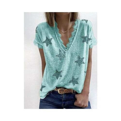 Summer New Womens Top Short Sleeve V-neck Printing Lace T-shirt Casual Loose Womens Street Style T-shirt
