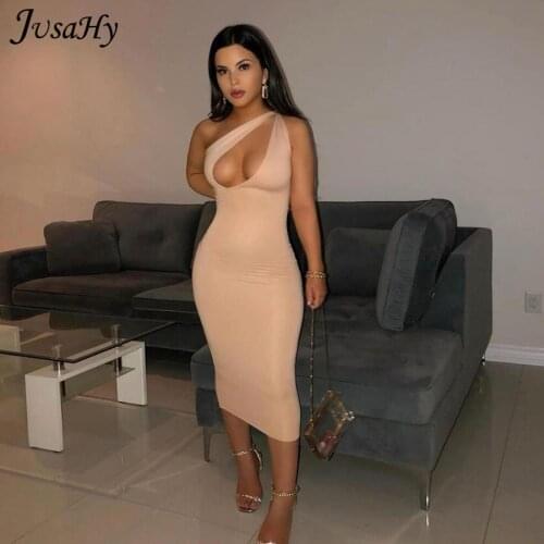 JuSaHy Solid Cut-out Hollow Midnight Clubwear Maxi Dresses Inclined Shoulder Birthday Outfit for Women Slim Bodycon Party Dress