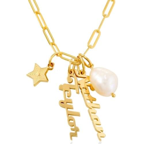 Custom Name Stainless Steel Name Necklace Mirror Gold Necklace Necklace Pendant Nameplate Christmas Gift for Girls Natural Pearl