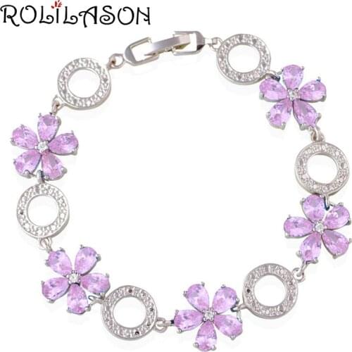 ROLILASON flower design Pink and white Crystal Zircon Overlay Chain Bracelet Classic Business Gift for women TB1148
