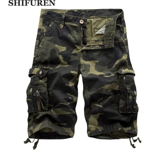 SHIFUREN Summer 2017 Casual Camouflage Cargo Shorts Cotton Multi-pocket Work Overall Baggy Cargo Shorts Knee Length Plus Size