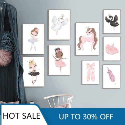 Nordic Ballet Princess Nursery Wall Art Canvas Painting Poster Unicorn Swan Wall Decor Pictures For Children Kids Room Decor
