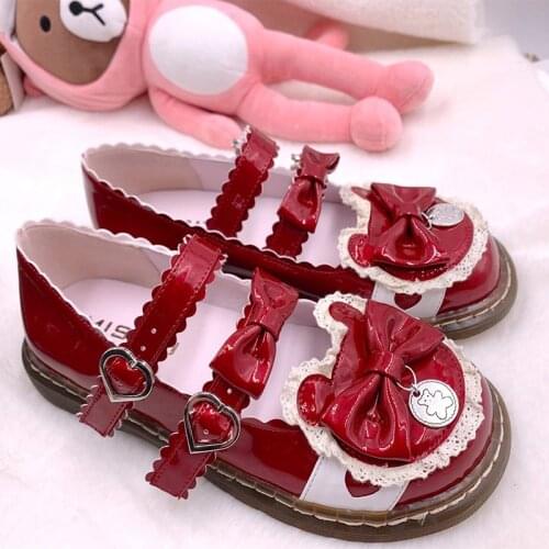 Cute Lolita Shoes Kawaii Anime Sweet Girls Cosplay Double Buckle Bear Bow Lace Goth Vintage Tea Party Female Flats Summer Loli