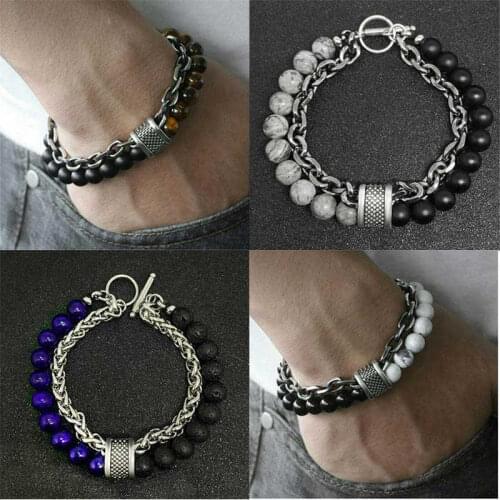 Vintage Fashion Jewelry Male Bracelet Beads Mens Punk Tiger Eye Stone