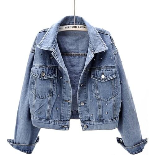 Korean Fashion Diamonds Denim Jacket Coat Women Autumn New Black Blue Student Outerwear Big Size Loose Short Jeans Jacket Female