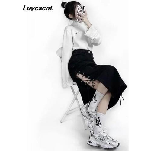 Punk Black Denim Long Girl Skirt Lady Harajuku Gothic High Split Lace-up Eyelet Skirts Hollow Out Street Korean Fashion Cloth