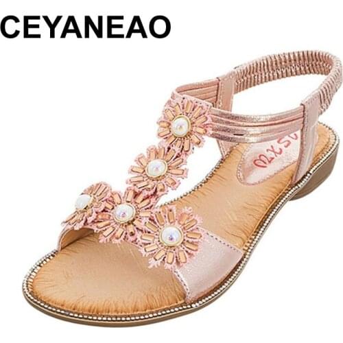 CEYANEAO Women sandals leisure fashion flat ladies shoes bohemia flower non-slip PU gladiator lady Sandalias 5 colors shoes for