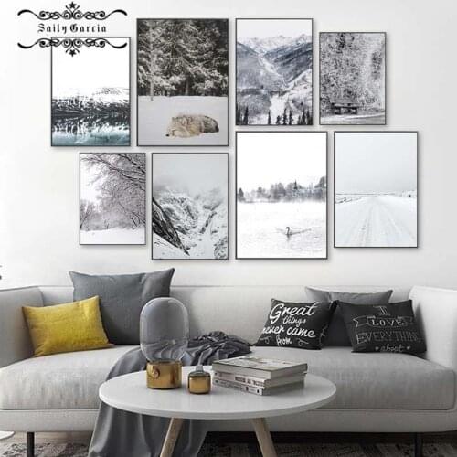 Winter Nature Scenery Poster Snow Mountain Lake Forest Landscape Wall Art Canvas Painting Nordic Picture for Living Room Decor