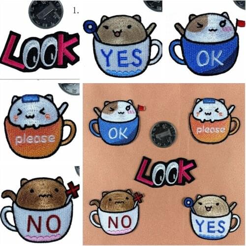 1PCS Exquisite Cartoon Lovely Teacup cat Iron on Patches Clothing diy Alphabet cup LOOK Embroidered badges Applique Patchworks