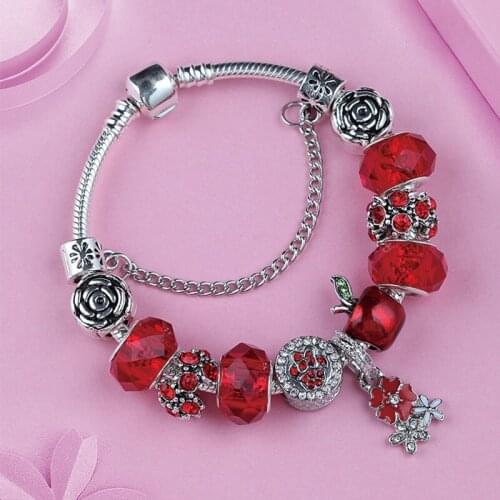 2019 New Arrival Red Christmas Ale Flower Charm Bracelet Bangle Silver Color lant Crystal Bead for Diy Jewelry Making