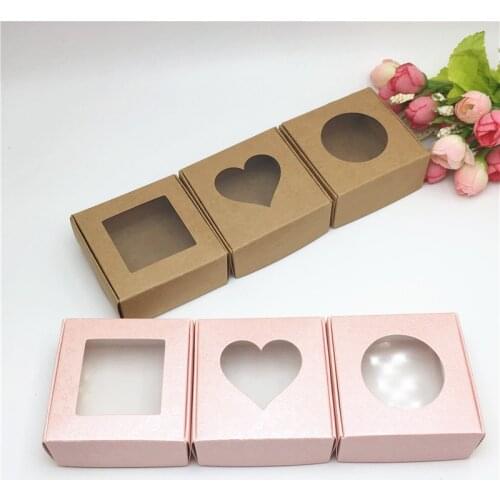 50pcs Paper Cardboard Brown/Pink Rose Clear PVC Window Gifts Packing Box Products/Favors Jewelry Display Boxes 6.5*6.5*3cm