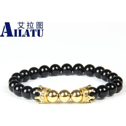 Ailatu Wholesale 8mm Top Quality Black Onyx Stone Beads with Double Clear Cz Crown Men Bracelet