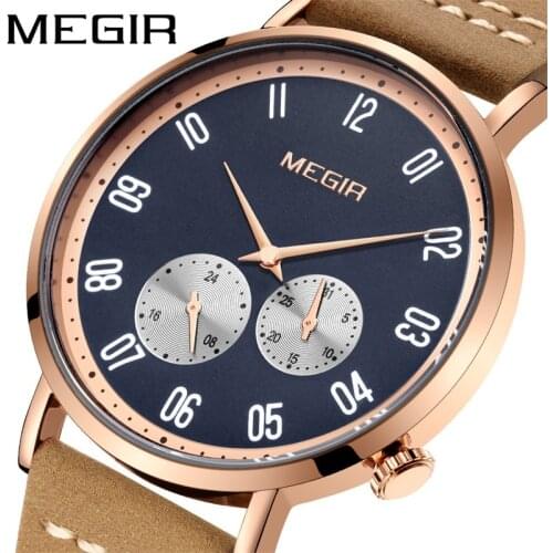 MEGIR New Fashion Mens Watches Top Brand Luxury Quartz Watch Men Leather Waterproof Ultra-thin Wristwatch For Men Sport Clock