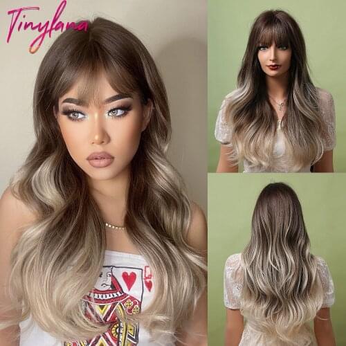 TINY LANA Ombre Ash Brown Blonde Wig with Full Bangs Long Wavy Synthetic Wigs for Women Cosplay Daily Party Heat Resistant Fiber