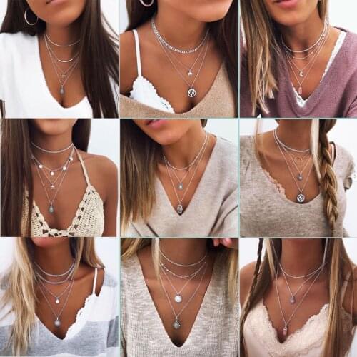 Boho Choker Vintage Moon Map Pendant Necklaces Trendy Long Chain Collier Femme Crystal Collares Multilayer Necklace for Women