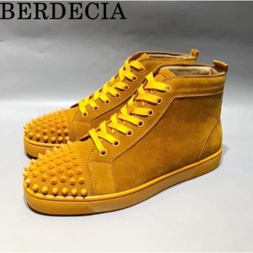 Berdecia Men Shoes Spikes Lace Up Flock Leather Yellow Color Leisure Style High Top Rivet Chaussures Male Spring Sneakers