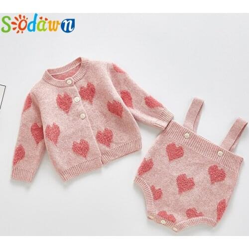 Sodawn Cute Infant Clothing Sets Child Baby Clothes Suit Heart Printed Jacket Coat+Straps Romper Jumpsuit 2pcs Girl Clothes