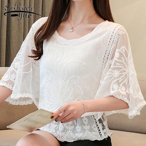 Fashion womens tops and blouses 2021 ladies tops lace white shirts women tops blouse for women solid hollow out sweet 4073 50