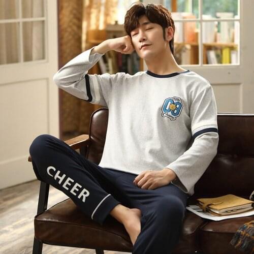 Leisure Autumn Winter Men Cotton Pajamas Long Sleeve Male Pajama Set Men Sleepwear Simple Gray Print Homewear Clothing Nightwear