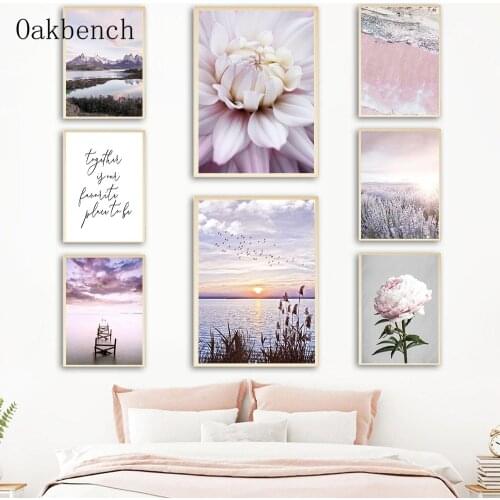Nordic Wall Canvas Painting Blooming Flower Lavender Poster Landscape Print Mountain Lake Posters Modern For Living Room Decor