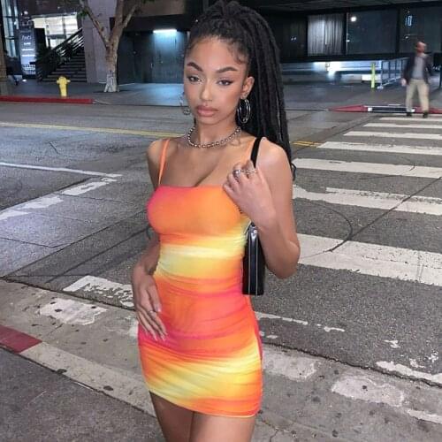 Tie-dye neon lace up bodycon mini dresses womens street fashion Beach leisure vacation hollow dress 2021 summer new mujer