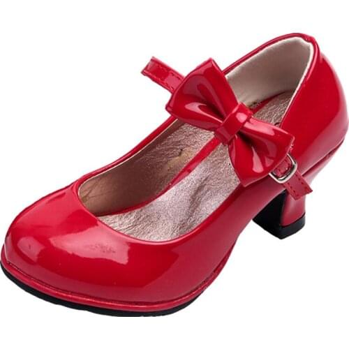 New hot princess leather dance shoes girls party bow shoes shiny Solid Red color high-heeled fashion leather shoes for kids