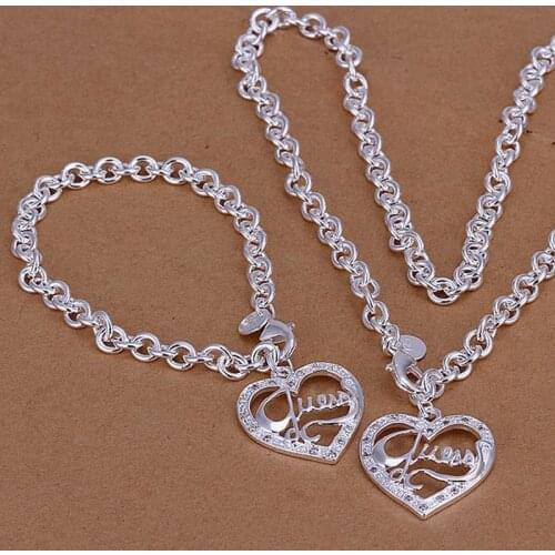 Simple Fashion Silver Plated Heart Pendant Necklace and Bracelet Jewelry Sets for Women Girl Lady Men Party Wedding Love Gift